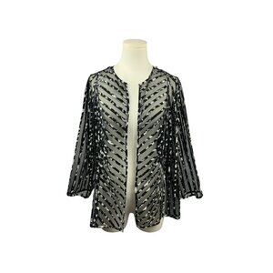 Chicos Sheer Black & White Striped Open Cardigan Jacket Size 3